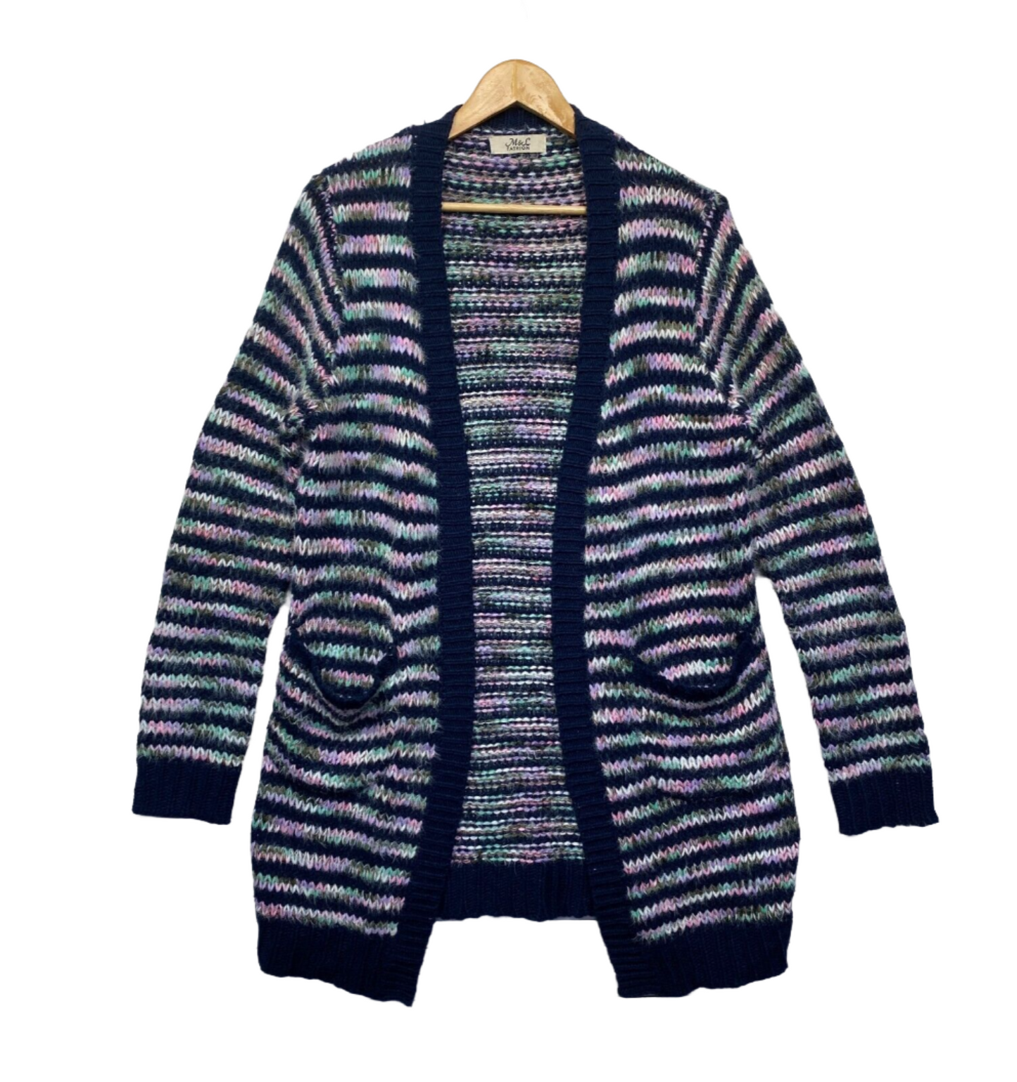 Wool Blend Cardigan Jumper One Size Fit to 16 Striped Longline Knit