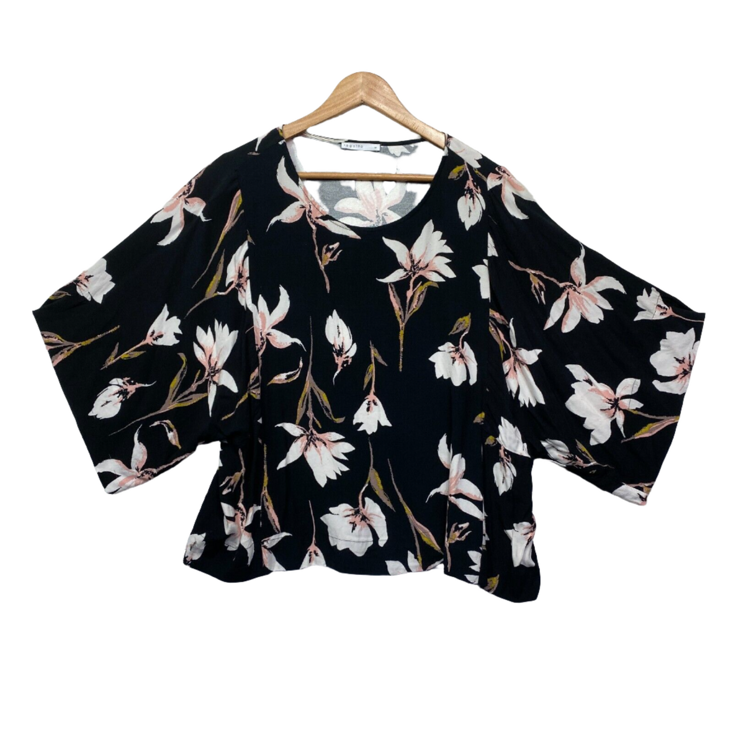 Regatta Top Size 14 Black Floral Wide Sleeve Viscose