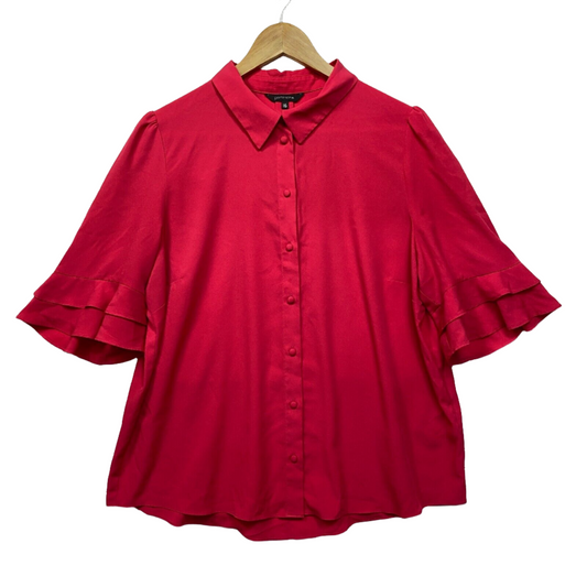 Portmans Top Red Short Sleeve Button Up Ruffle Collared Office