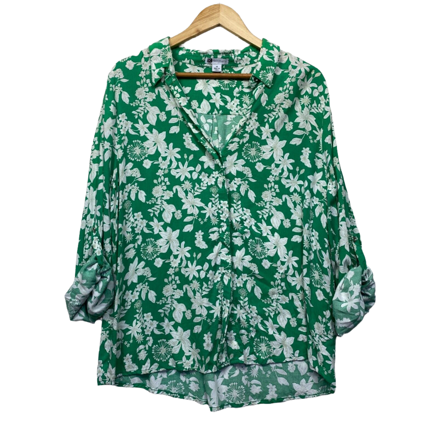 Rockmans Top Size 18 Plus Green White Floral Button Up Long Sleeve