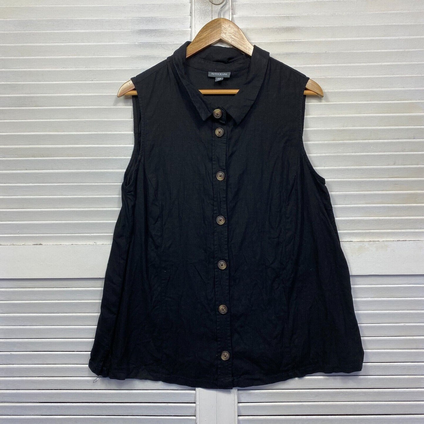 Autograph Top Size 14 Plus Black Sleeveless Linen Blend Button Up