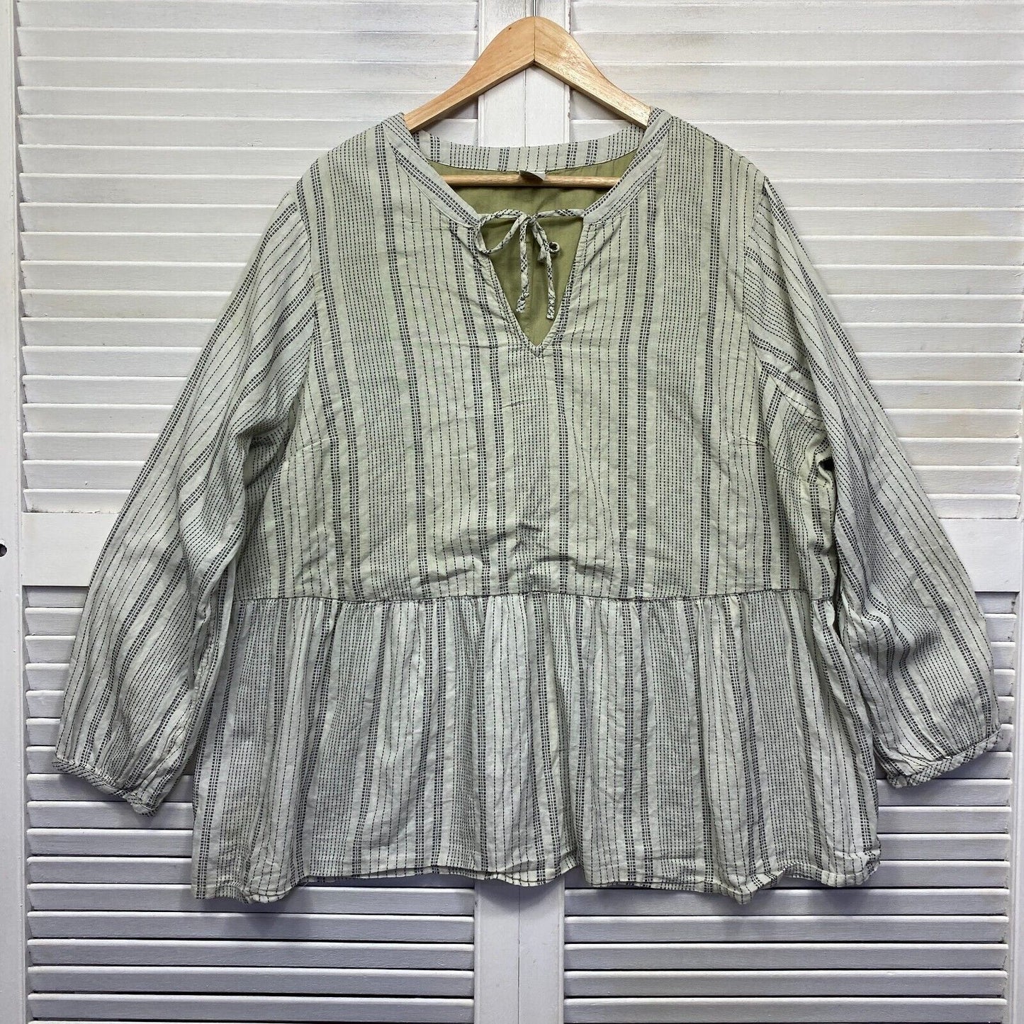 Anko Top Size 22 Plus Green White Striped Tunic Long Sleeve Cotton