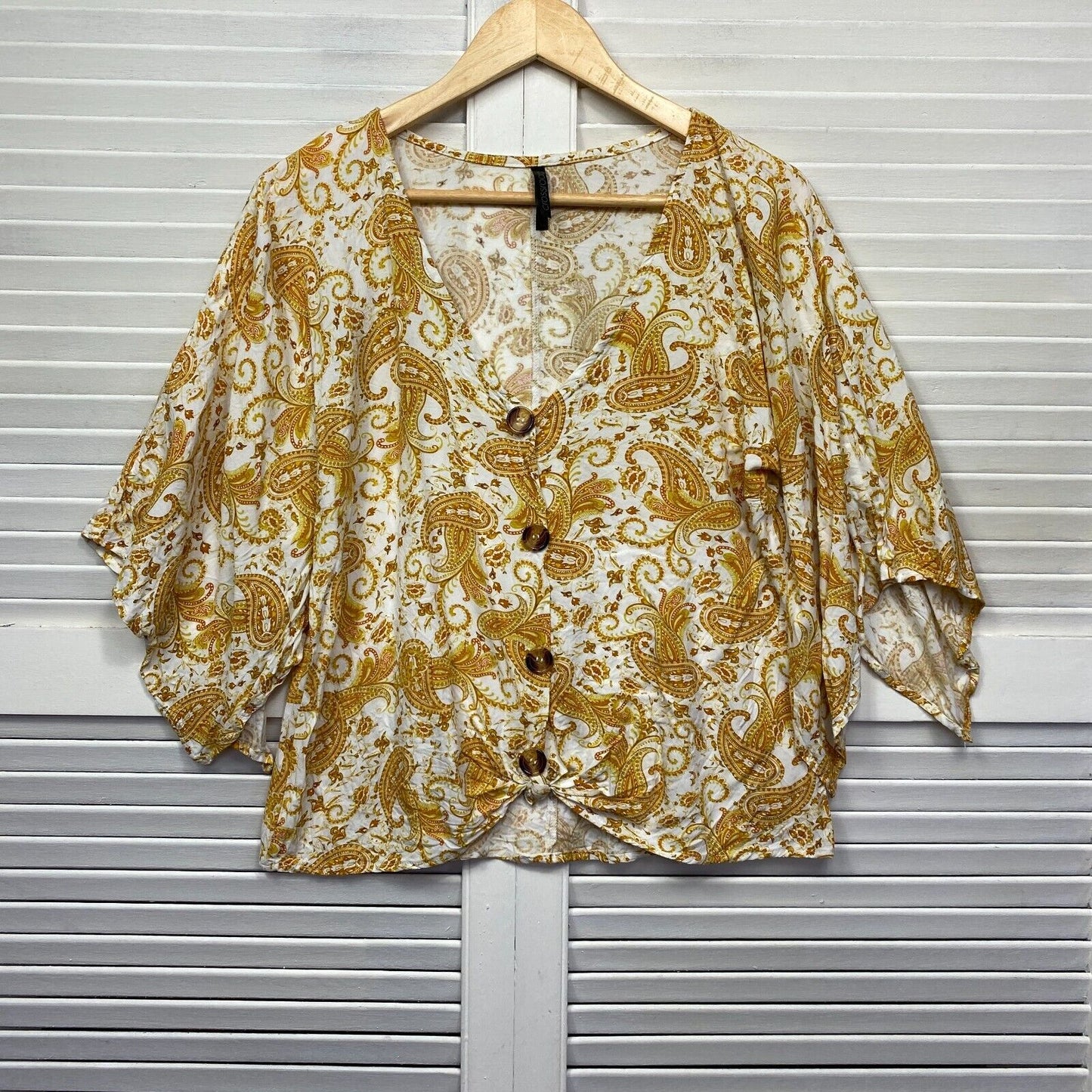 Crossroads Top Womens 14 White Mustard Paisley Print Boho Wide Sleeve