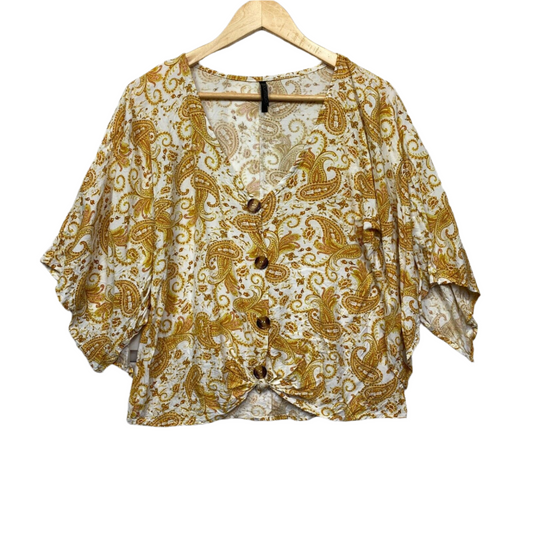 Crossroads Top Womens 14 White Mustard Paisley Print Boho Wide Sleeve