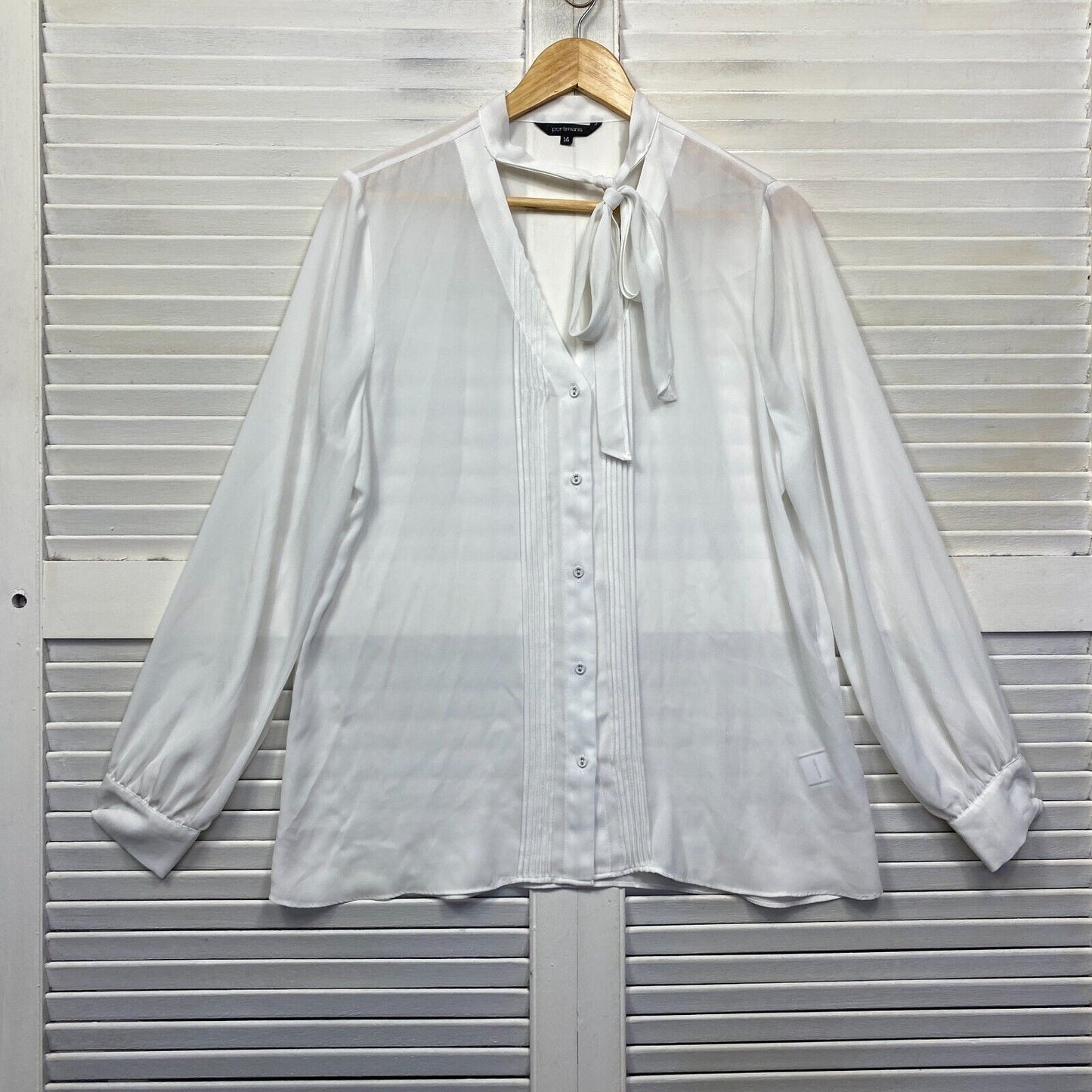 Portmans Top Size 14 White Long Sleeve Blouse Neck Tie Button Up Sheer