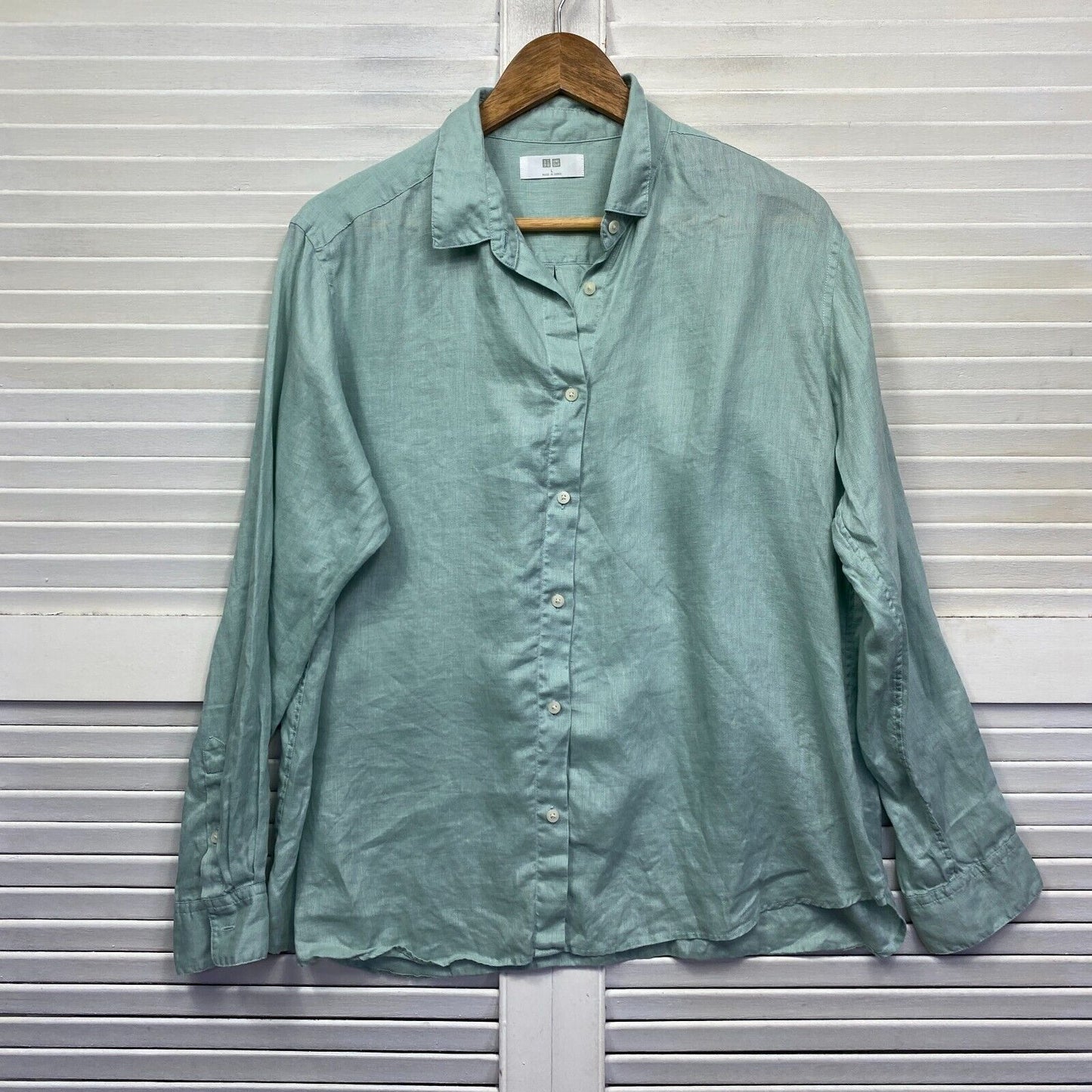 Uniqlo Linen Top Size 14 Large Green Long Sleeve Button Up Collared Preloved