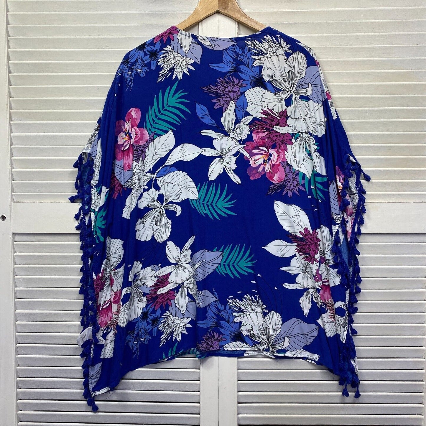 Millers Kaftan Top Size 16 Plus Blue Floral Fringe Swim Cover Up Preloved