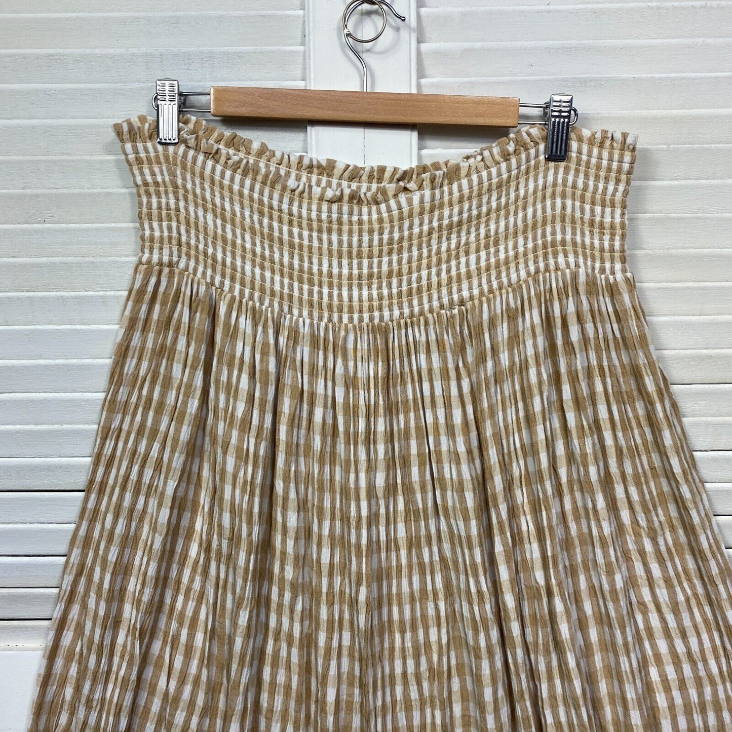 Anko Skirt Size 16 Plus Beige White Gingham Check Elastic Waist Viscose Midi