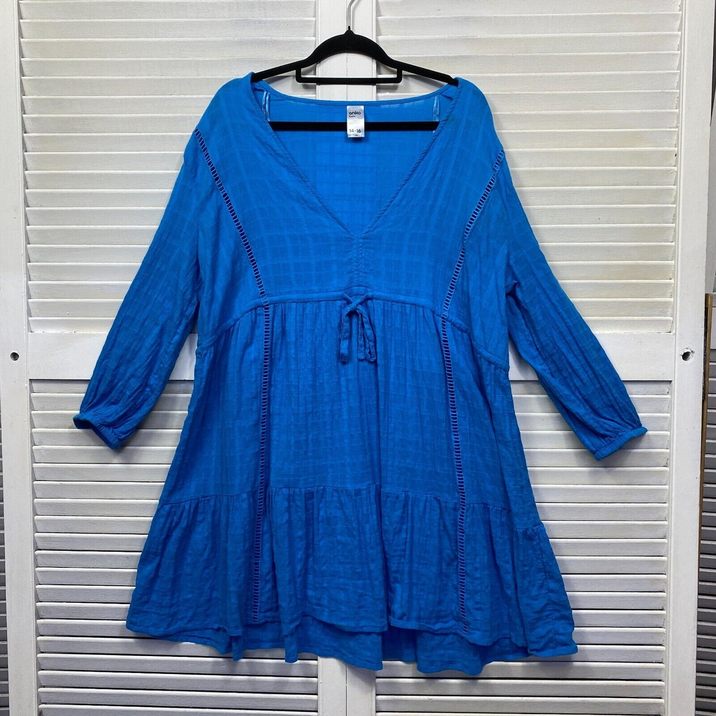 Anko Swim Cover Up Top Size 14 16 Plus Blue Long Sleeve 100% Cotton