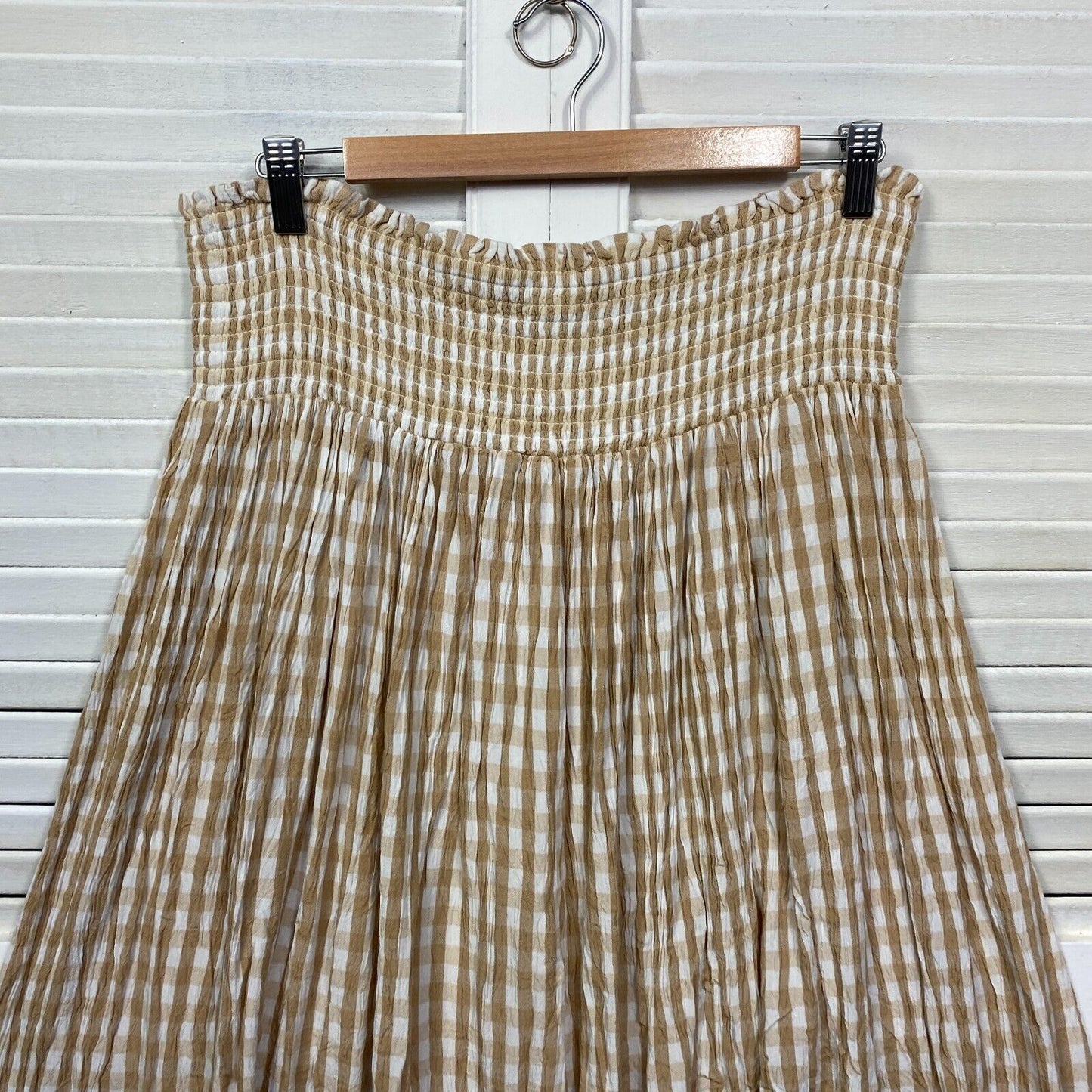 Anko Skirt Size 16 Plus Beige White Gingham Check Elastic Waist Viscose Midi