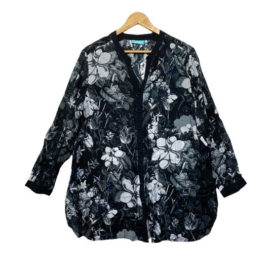 Blue Illusion Shirt Size 16 XL Black White Floral Viscose Rayon Long Sleeve Button UP