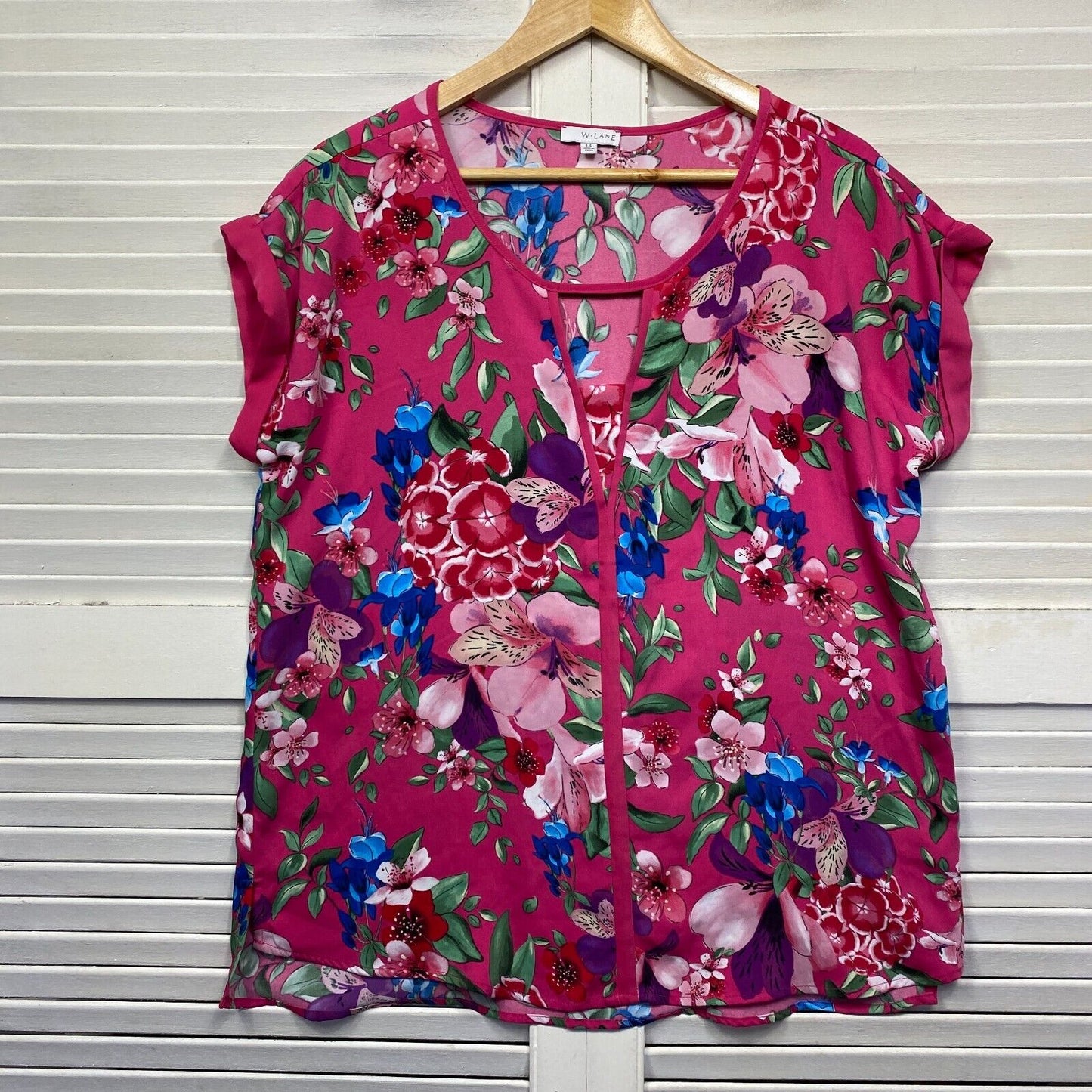 W Lane Top Size 14 Pink Floral Leaf Print Short Sleeve