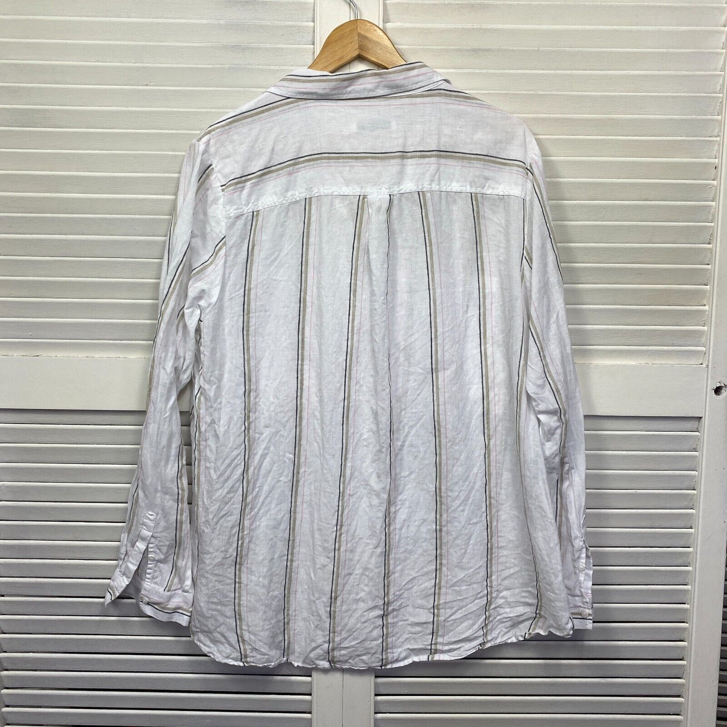 Sportscraft Linen Shirt Top 18 Plus White Striped Long Sleeve Button Up Collared Preloved