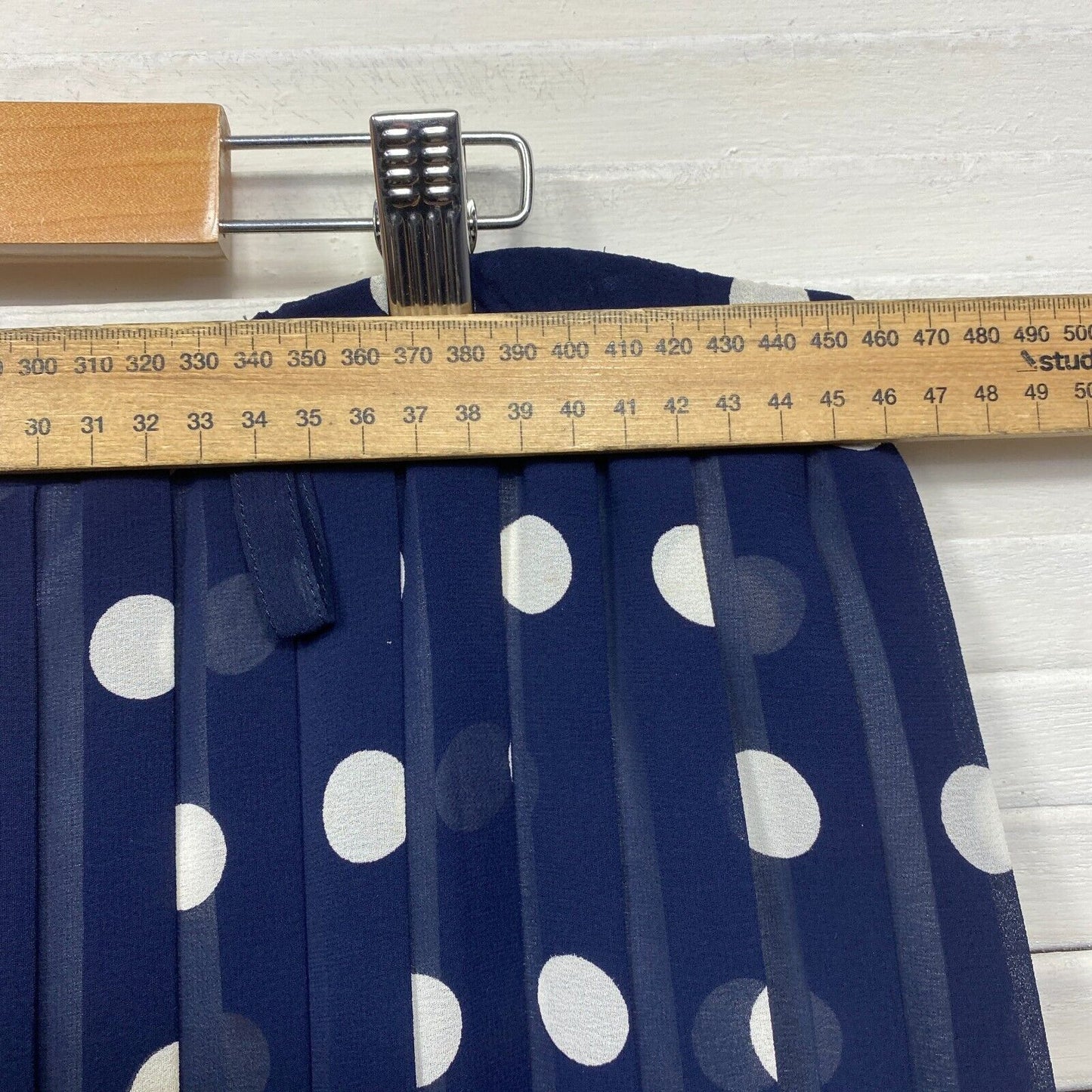 Vintage Skirt Size 14 Navy White Polka Dots Pleated Lined Elastic Waist