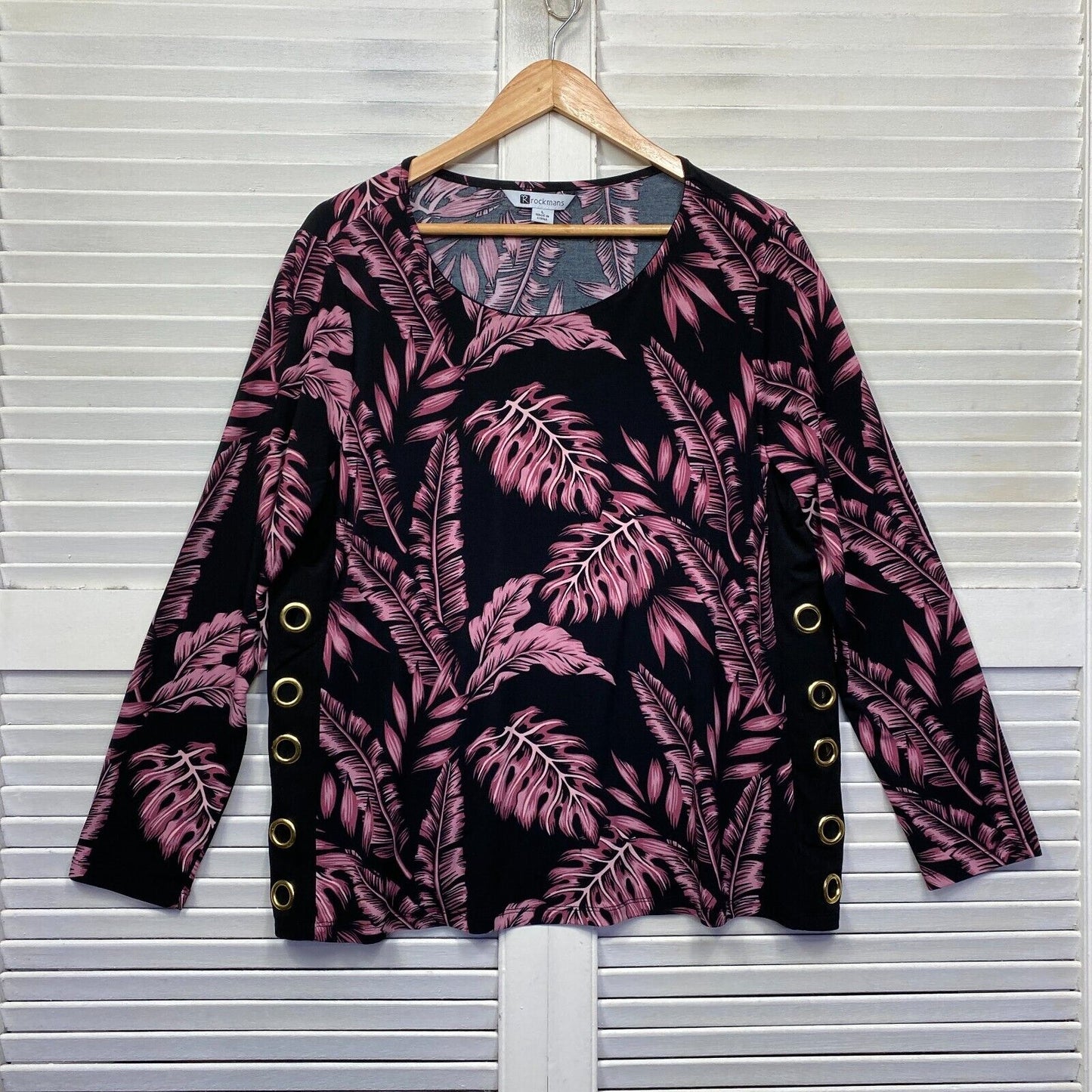 Rockmans Top Size Large Black Pink Floral Leaf Print Long Sleeve