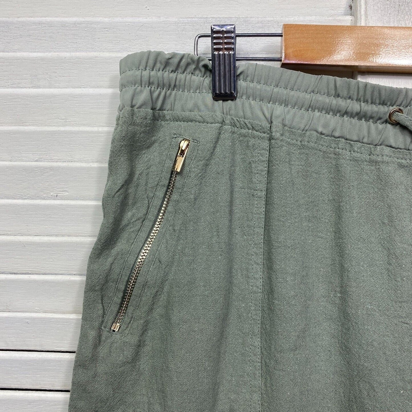 Rockmans Skirt Size 14 Green Linen Blend Zipped Pockets Drawstring Preloved