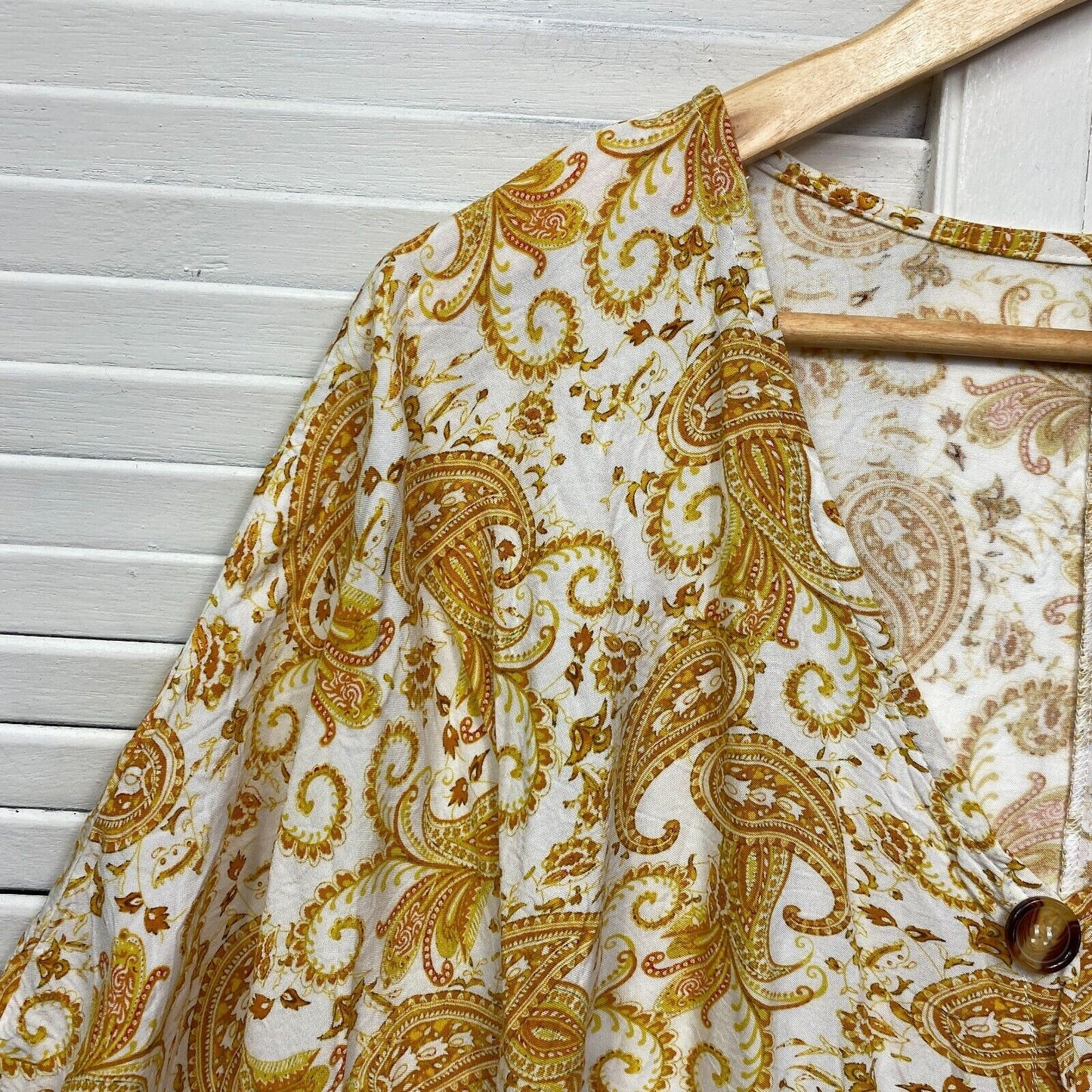 Crossroads Top Womens 14 White Mustard Paisley Print Boho Wide Sleeve