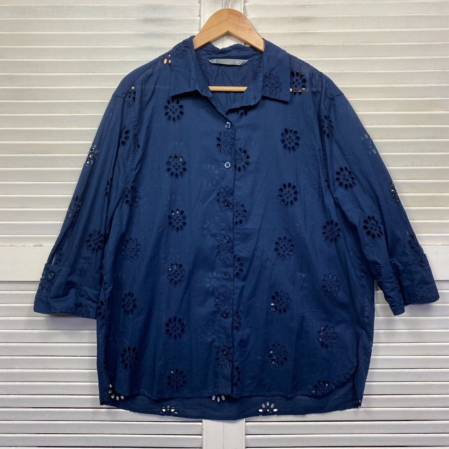 Katies Top Size 14 Navy Embroidered Button Up Long Sleeve Collared