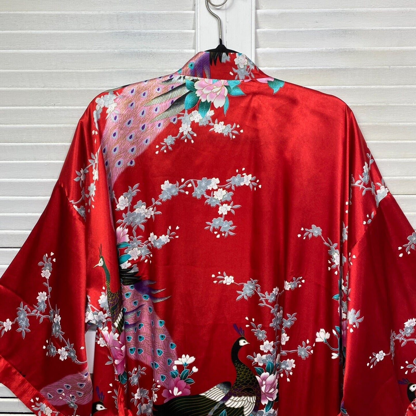 Dressing Gown Robe Sleep Red Floral Peacock Satin Belted One Size Fit to 14