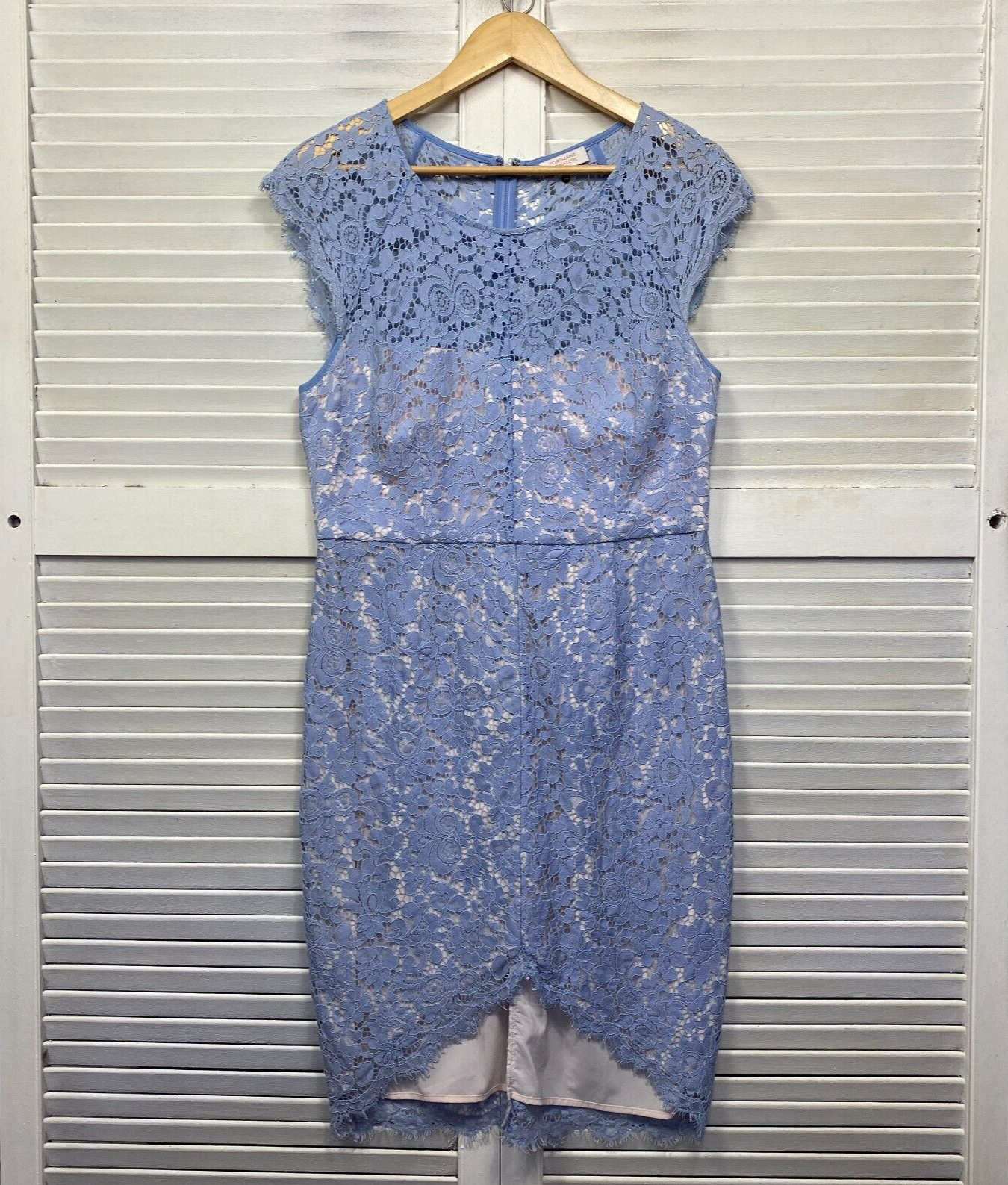 Portmans Dress Size 14 Blue Lace Overlay Short Sleeve Pencil Cocktail Occasional