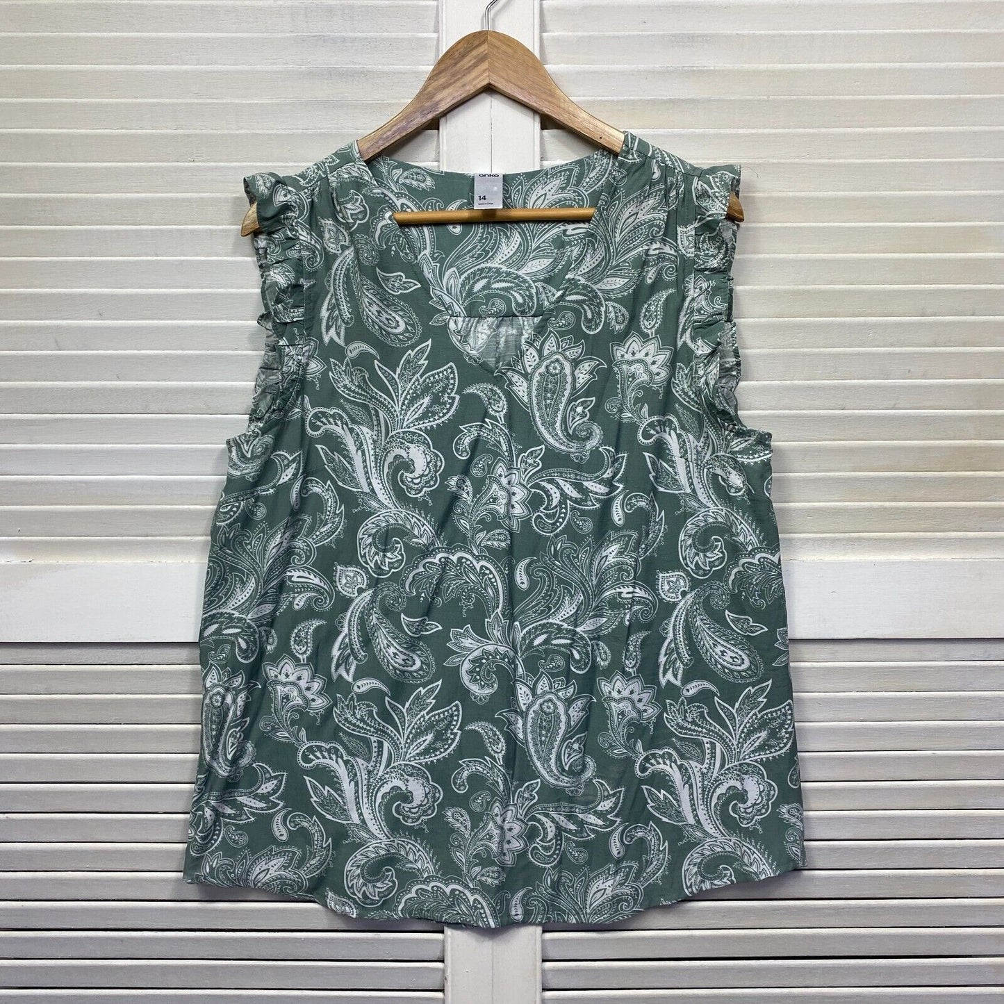 Anko Top Size 14 Green White Paisley Print Sleeveless