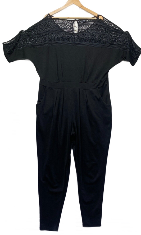 City Chic Jumpsuit  22 Plus XL Black Crochet Pockets Cold Shoulder Sleeve Preloved