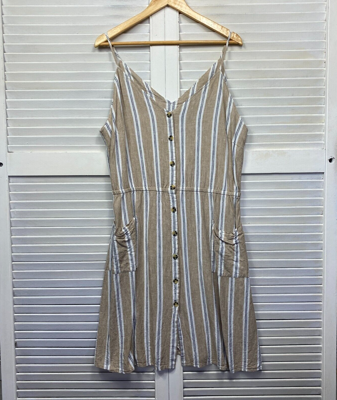 & me Dress Size 16 Striped Beige Button Up Sleeveless Linen Blend Pockets