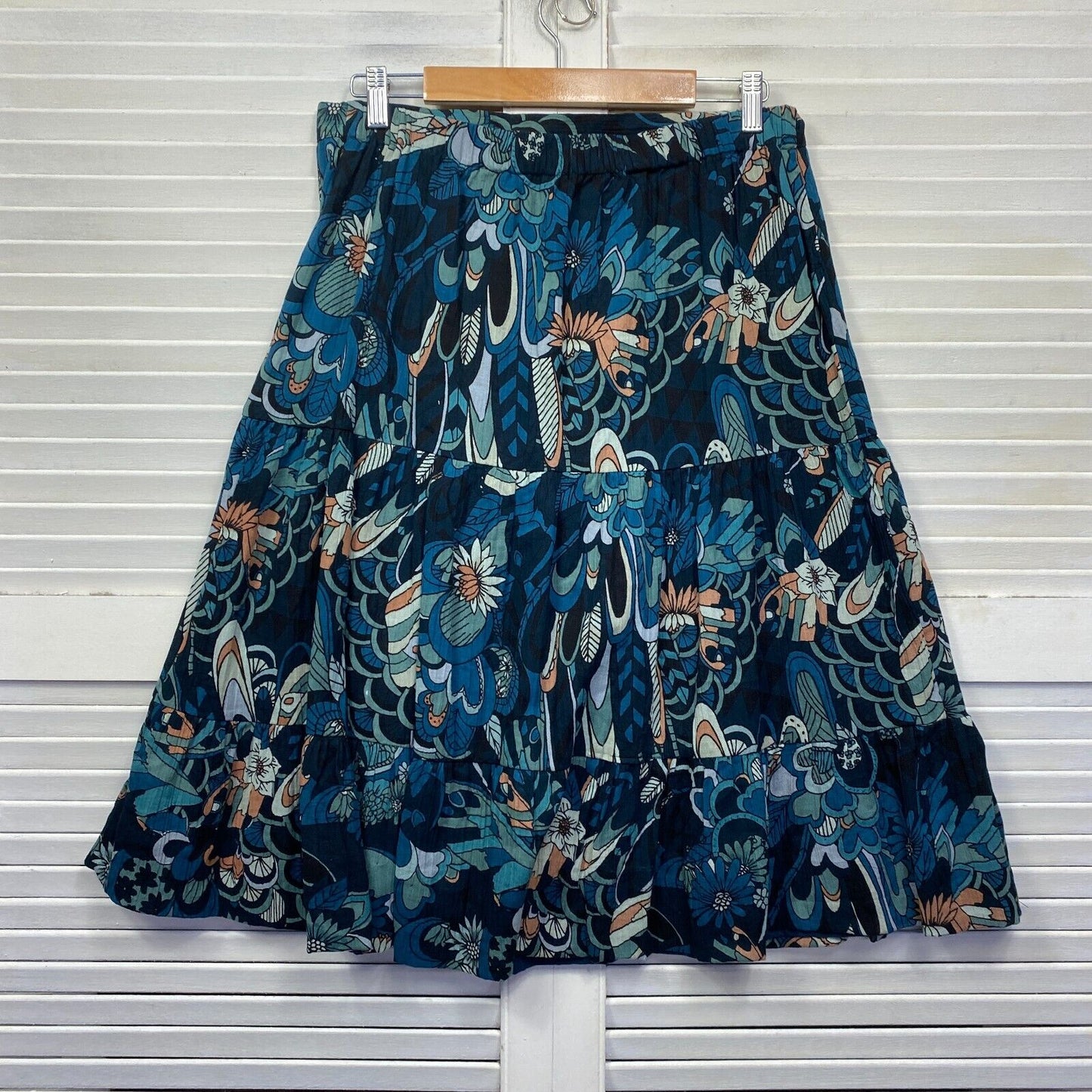 Victoria Hill Skirt 14 Green Floral Midi Length Crinkle Cotton Lined New