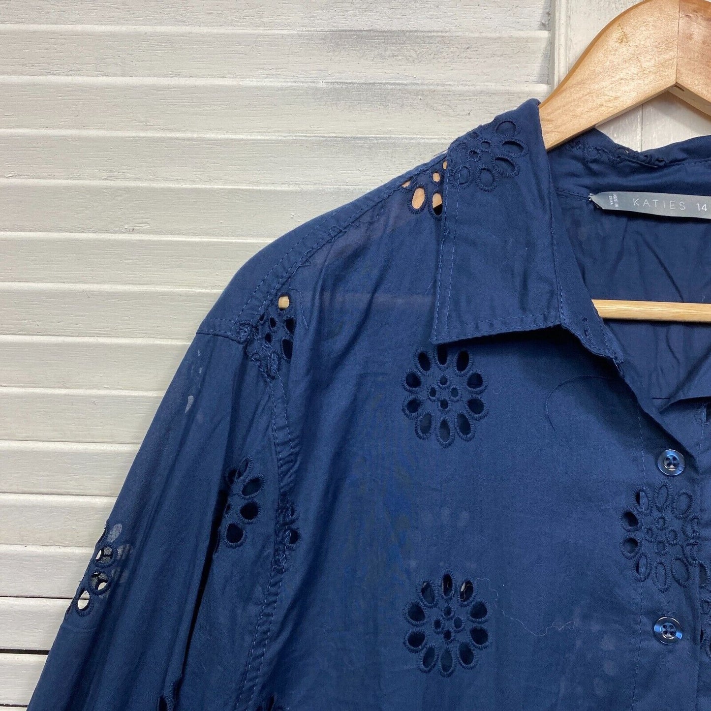 Katies Top Size 14 Navy Embroidered Button Up Long Sleeve Collared