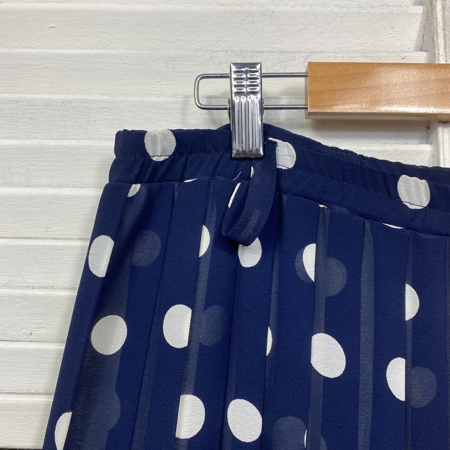 Vintage Skirt Size 14 Navy White Polka Dots Pleated Lined Elastic Waist