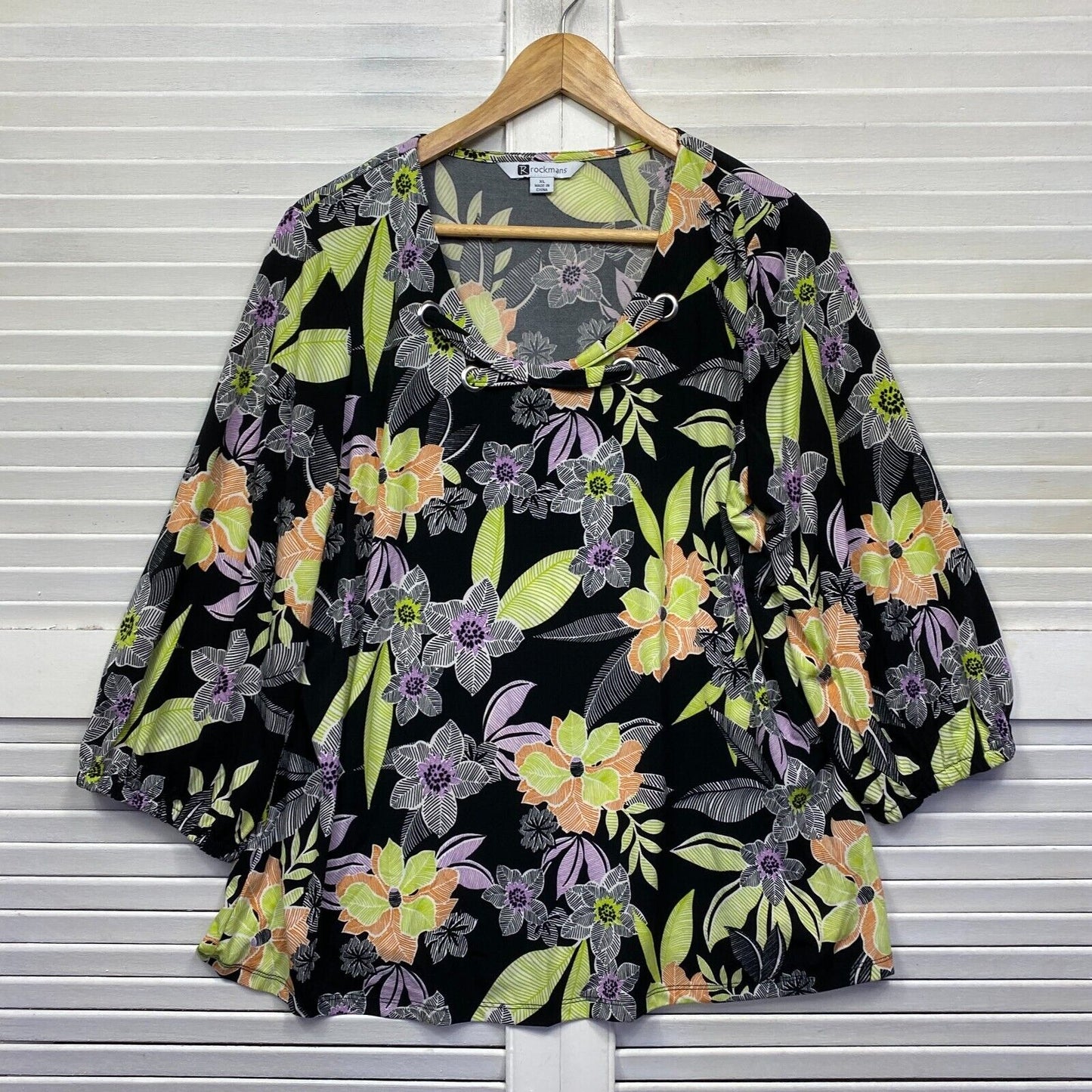 Rockmans Top Size XL Plus Black Yellow Floral Long Sleeve Casual