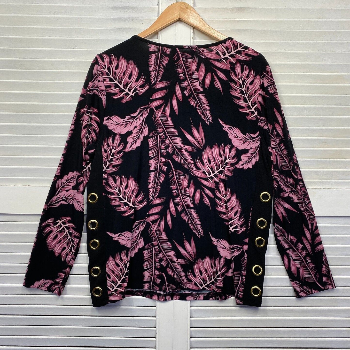 Rockmans Top Size Large Black Pink Floral Leaf Print Long Sleeve