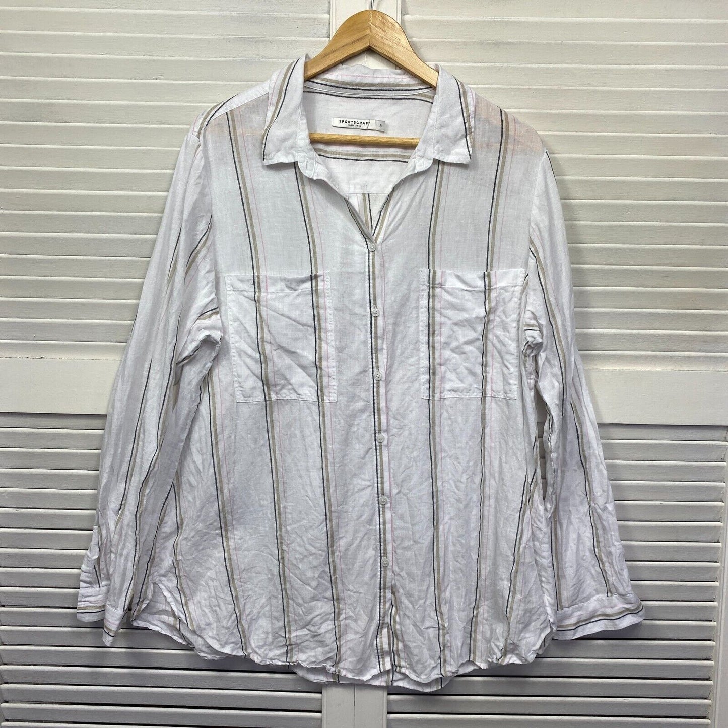 Sportscraft Linen Shirt Top 18 Plus White Striped Long Sleeve Button Up Collared Preloved