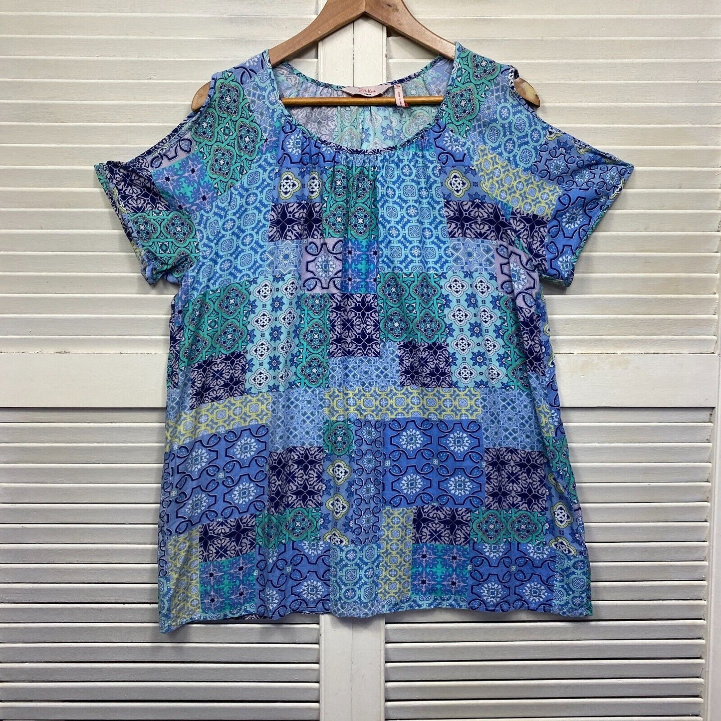 Millers Top Size 16 Blue Patchwork Print Cold Shoulder Short Sleeve Viscose