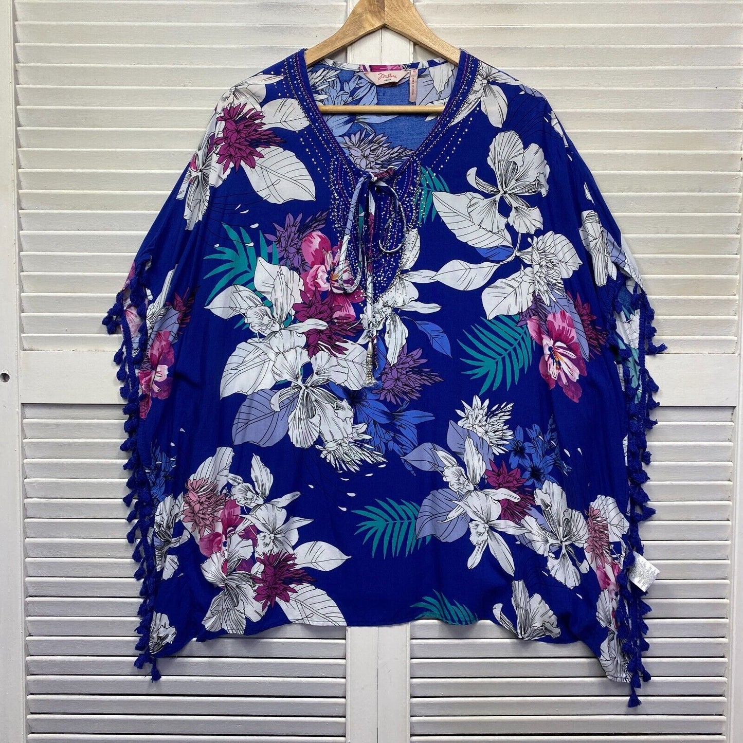 Millers Kaftan Top Size 16 Plus Blue Floral Fringe Swim Cover Up Preloved