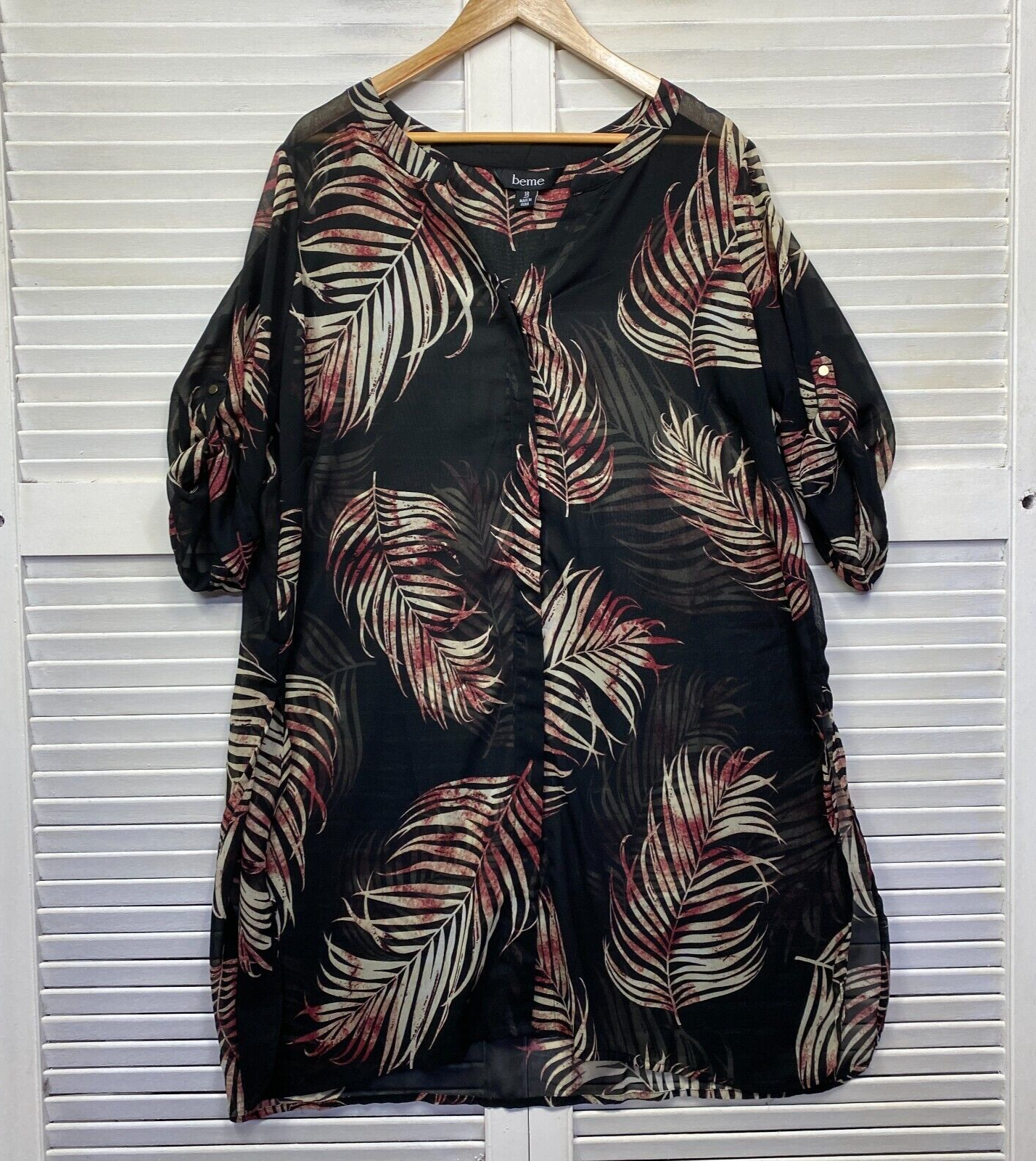 Beme Top or Dress Overlay Size 18 Black Floral Sheer Roll Tab Sleeve