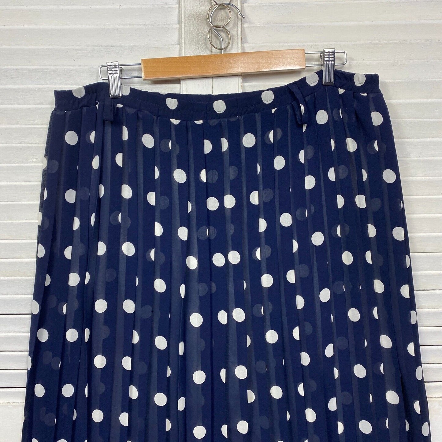 Vintage Skirt Size 14 Navy White Polka Dots Pleated Lined Elastic Waist