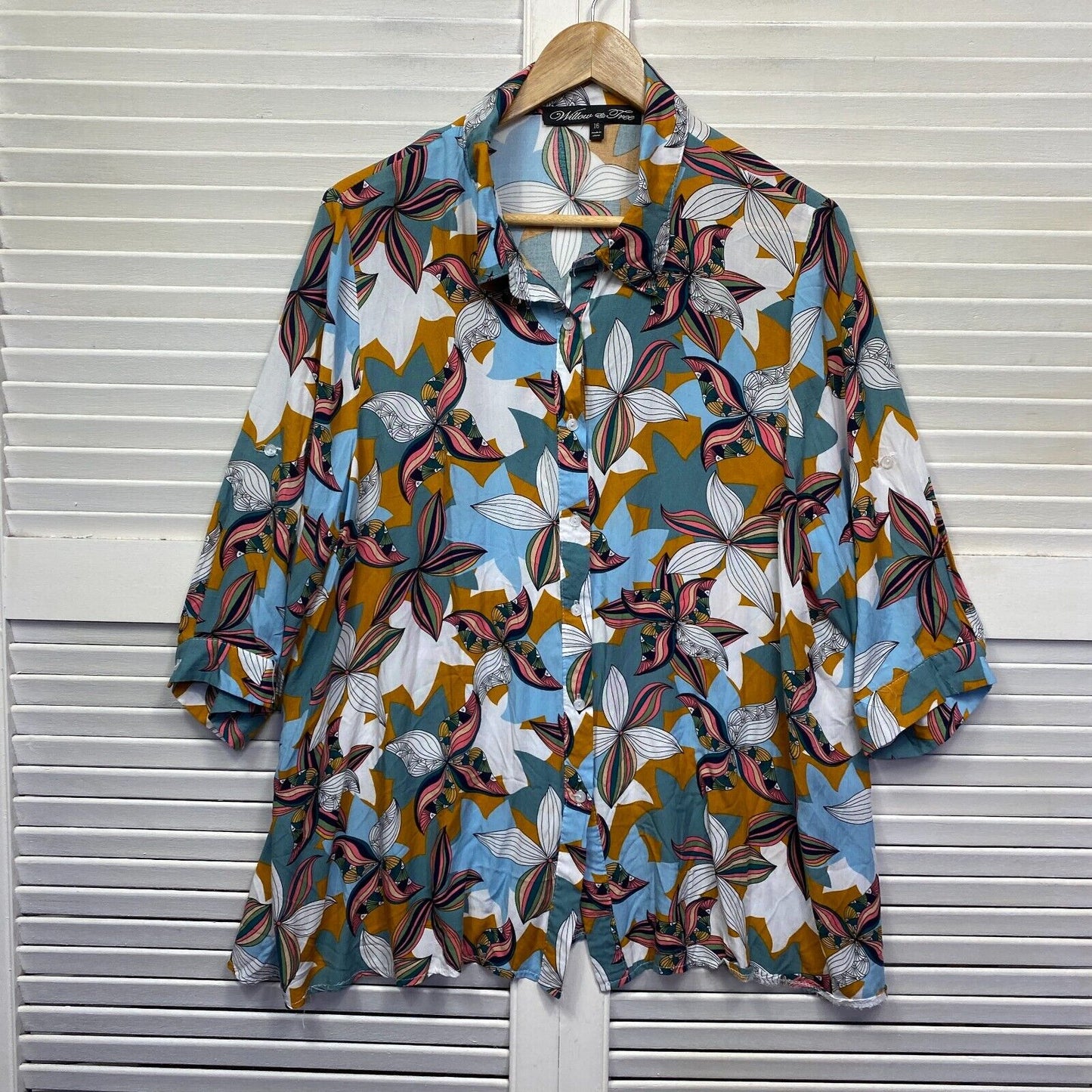 Willow Tree Top Size 16 Plus Multicoloured Floral Button Up 3/4 Sleeve Rayon