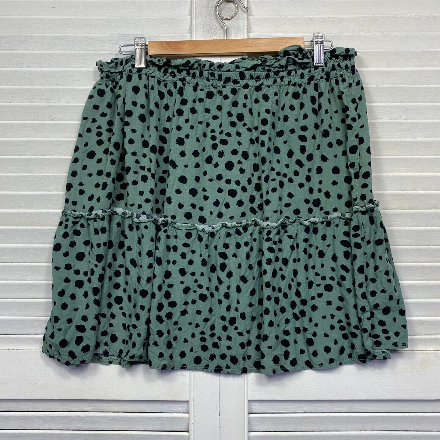 St Frock Skirt Size 14 Green Black Mini Drawstring Short Rayon Preloved