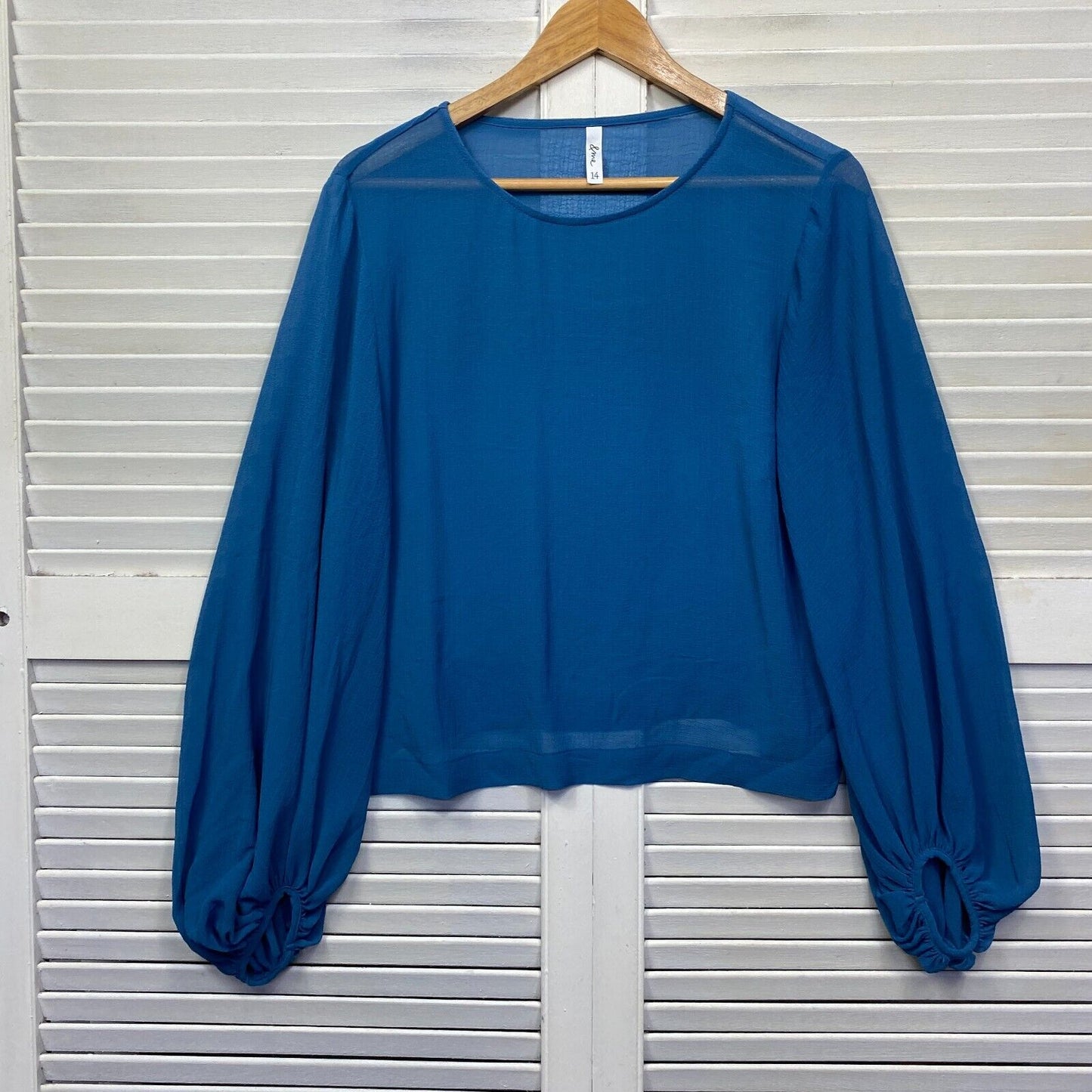 & Me Top Womens 14 Blue Billow Long Sleeve Sheer Ladies Casual Blouse