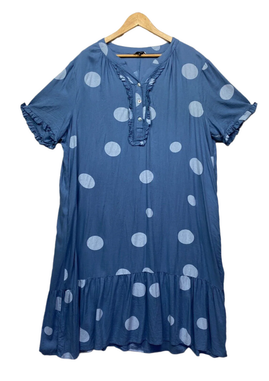 Clarity by Threadz Dress Size 3XL 18 20 Blue Polka Dots Pockets Linen Blend