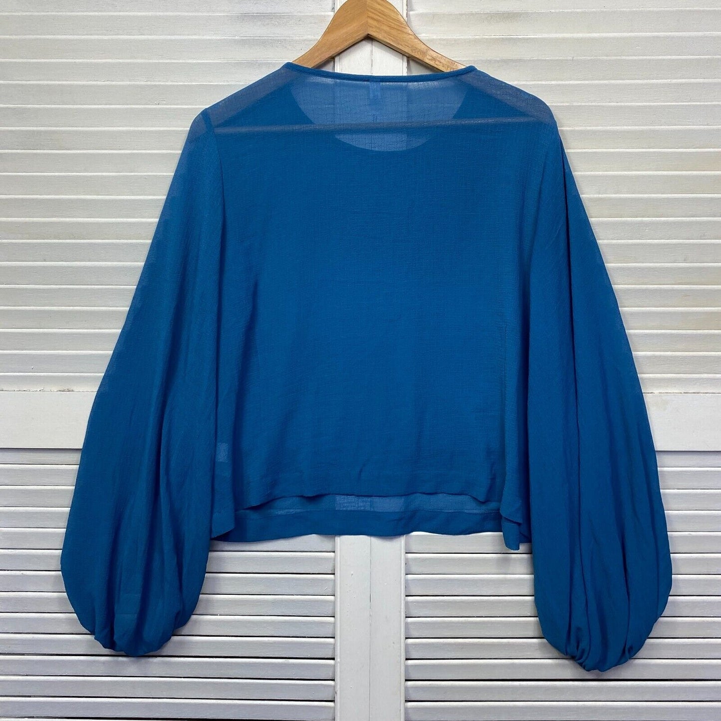 & Me Top Womens 14 Blue Billow Long Sleeve Sheer Ladies Casual Blouse