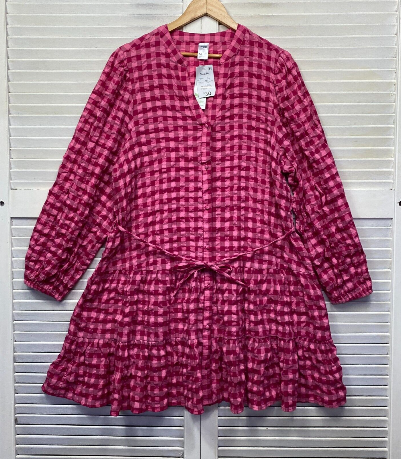 Anko Shirt Dress Size 16 Plus Pink Check Belt Knee Length Long Sleeve New