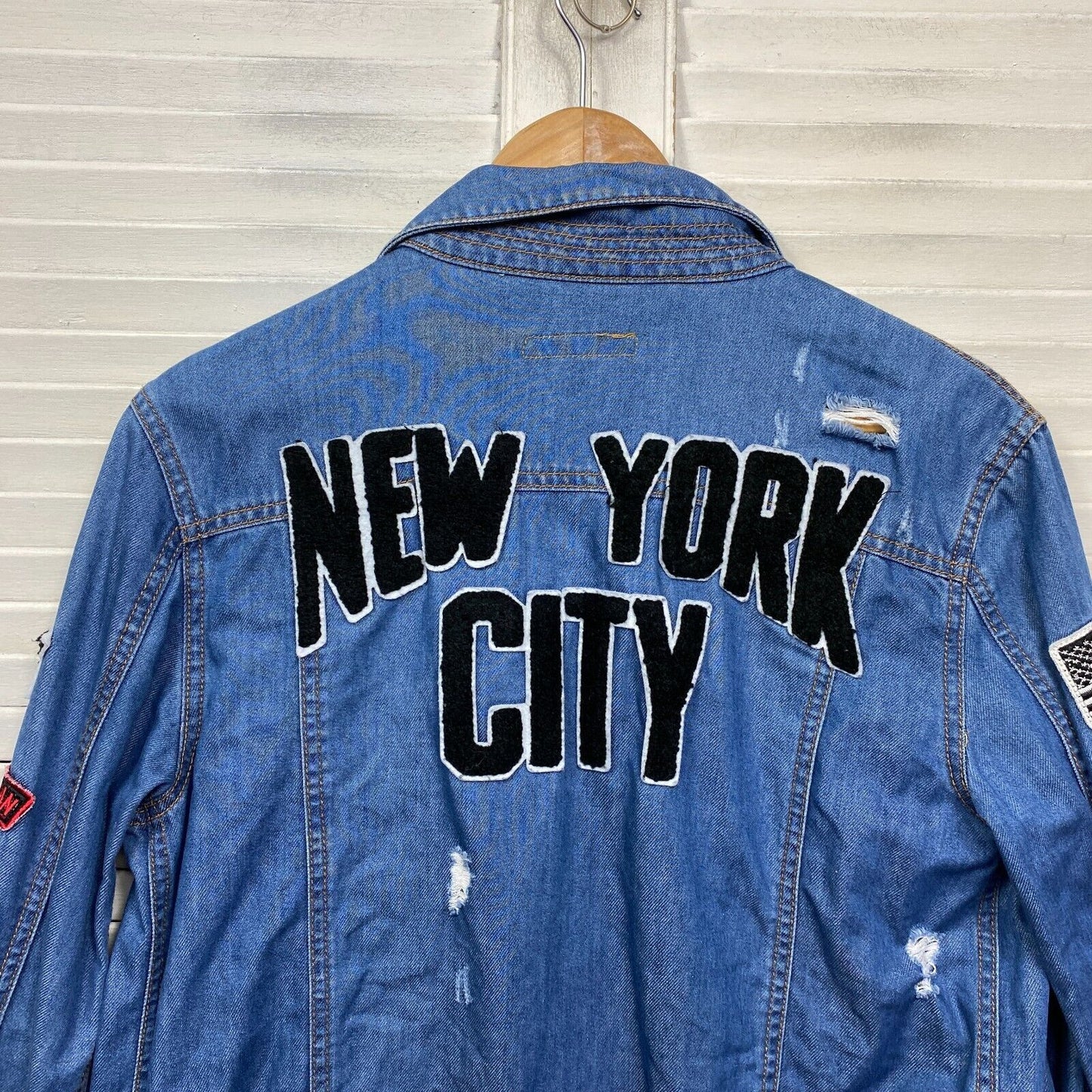 Moussy Vintage Denim Shirt Shacket Jacket With Patches One Size Designer Long