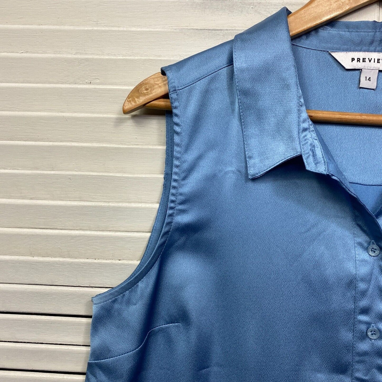 Preview Top Size 14 Blue Sleeveless Button Up Collared Shiny Office