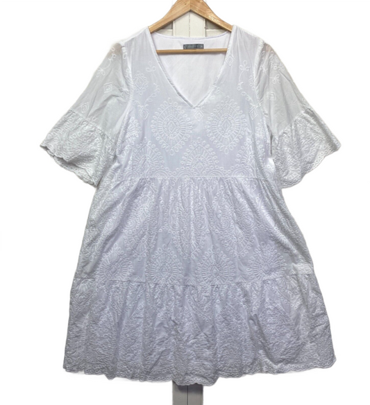 Katies Dress Sizr 14 White Short Sleeve Tunic Smock Embroidered Bell Sleeve Knee