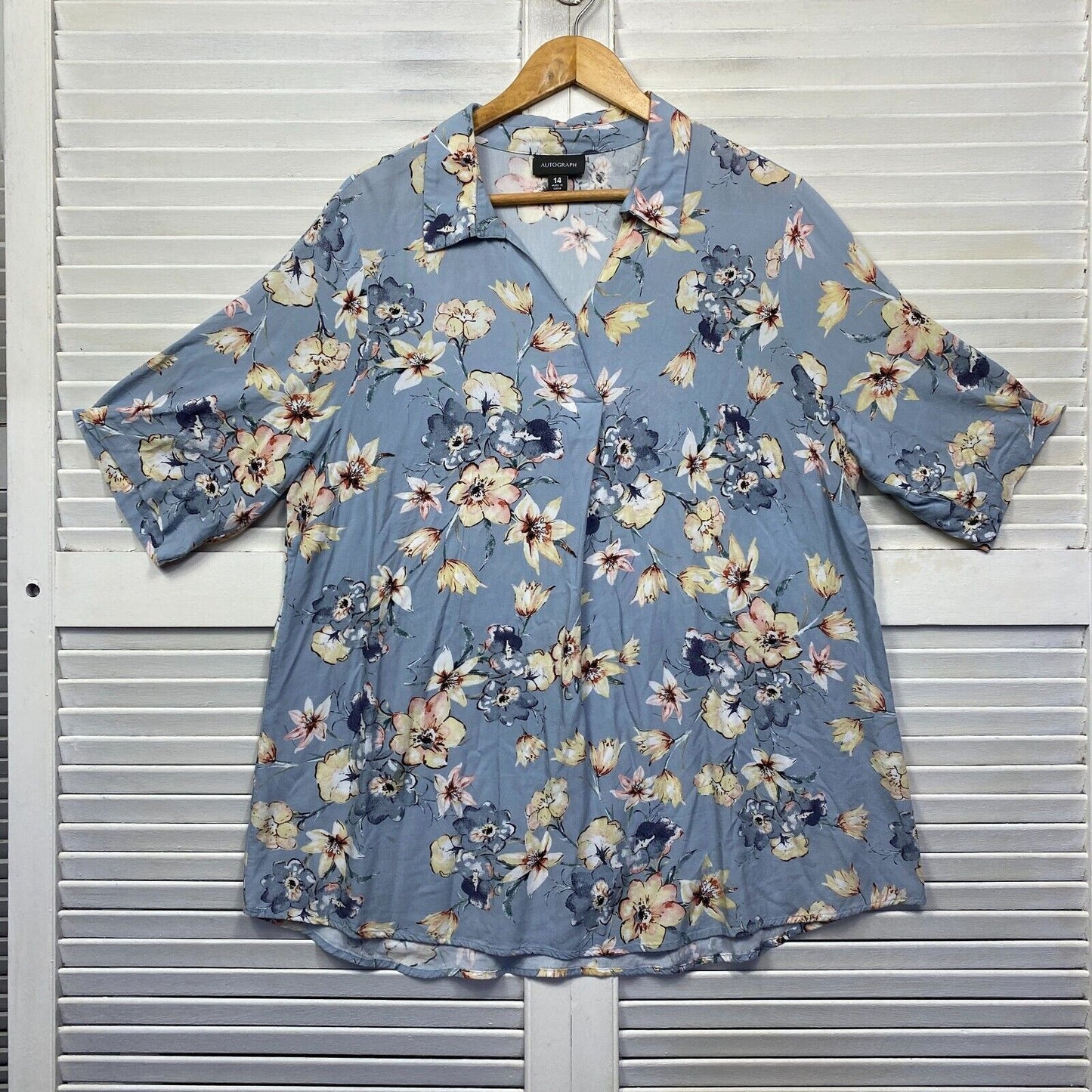 Autograph Top Size 14 Plus Blue Floral Short Sleeve Tunic Collared