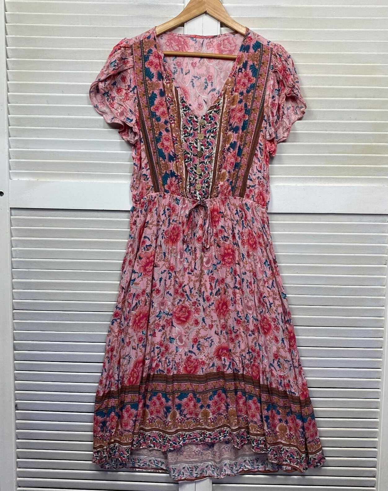 Shein Boho Maxi Dress Size XL 14 16 Floral Pink Short Sleeve Viscose