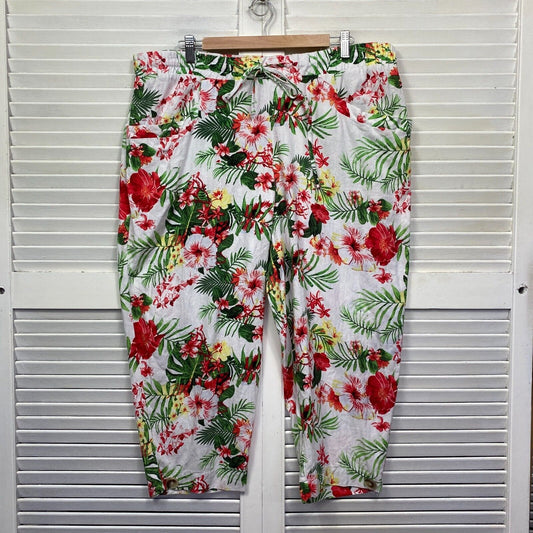 Rockmans Linen Pants Size 20 Plus White Floral Pockets Cropped 3/4 Length Preloved
