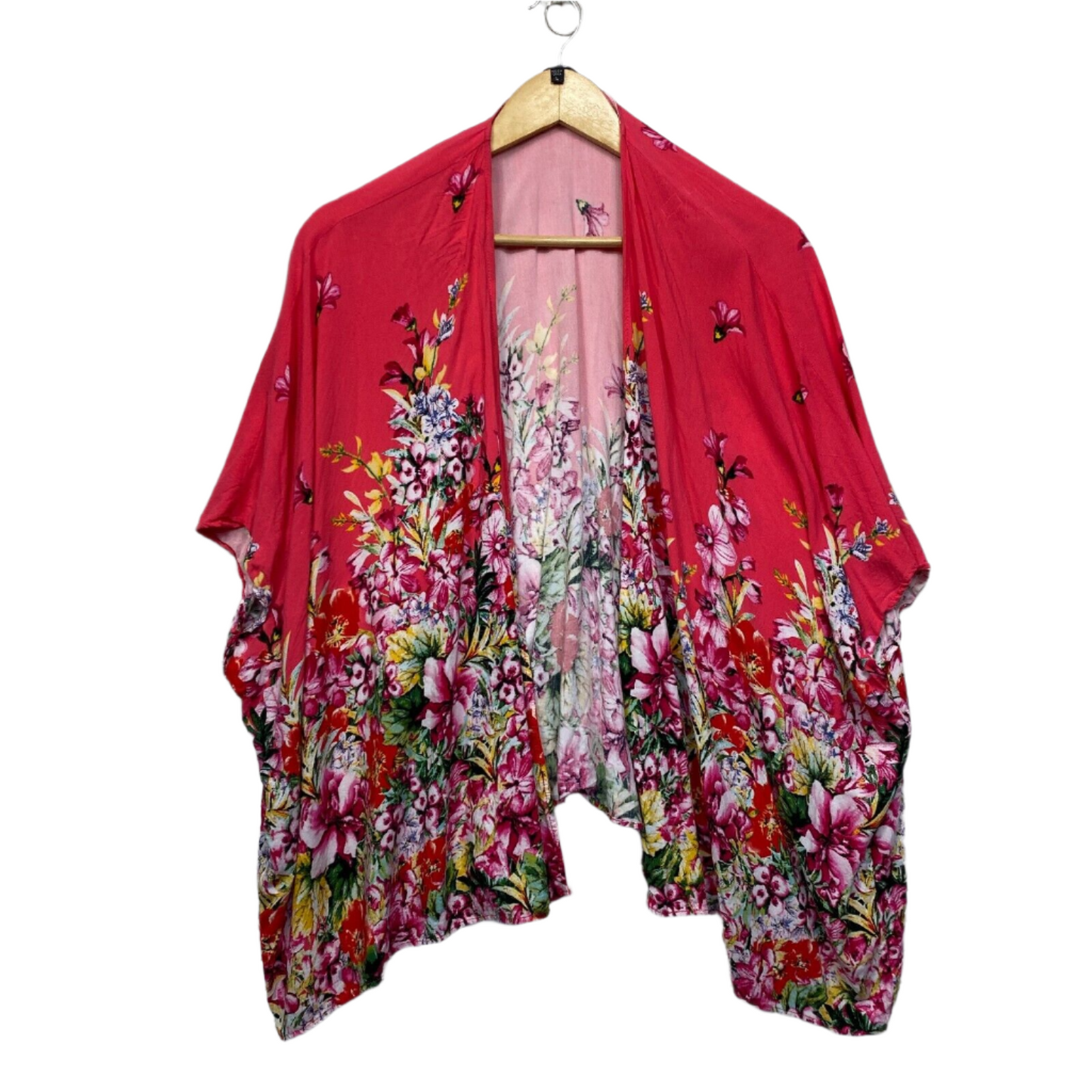 Emerge Duster Jacket Top Size Large Red Floral Short Sleeve Kimono Viscose